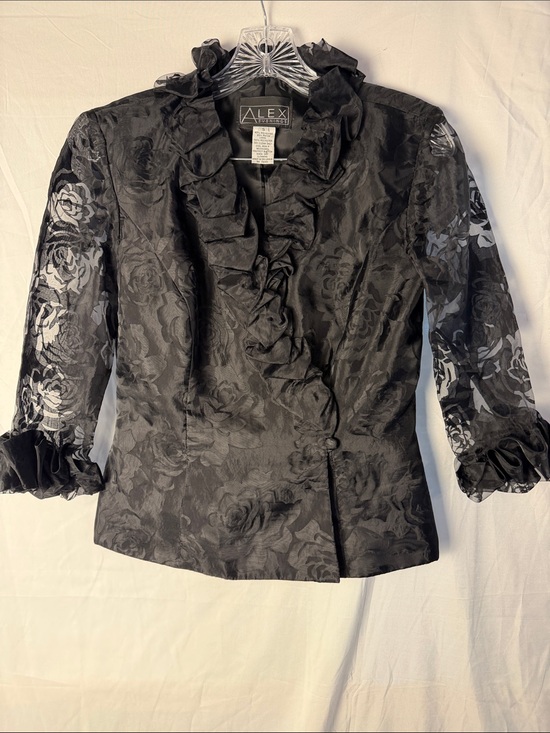 Alex Evenings Tops - Alex Evenings Black Floral Jacquard Ruffle Front Blouse